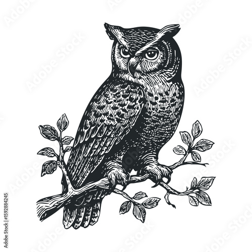 Realistic owl perched on a branch in black and white style