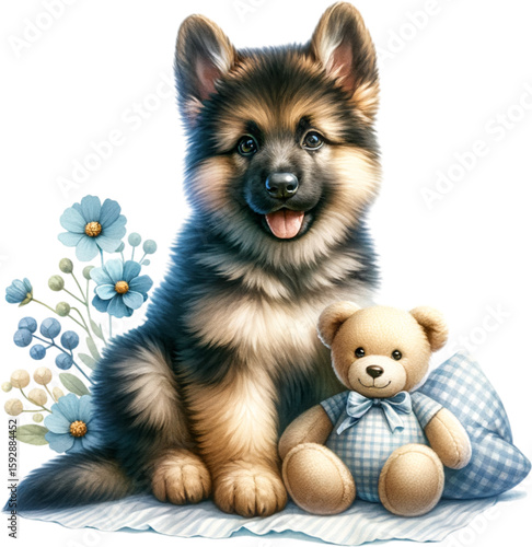 German Shepherd Puppy and Teddy Bear: A charming German Shepherd puppy, radiating innocence and joy, rests beside a cuddly teddy bear, surrounded by delicate blue flowers and a checkered pillow.