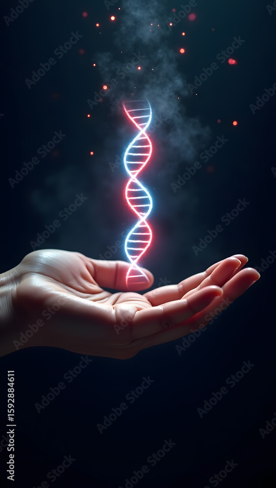 Obraz premium Hand Holding a Glowing DNA Helix