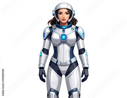 Illustration of a woman astronaut in a white and blue spacesuit with a helmet on a white background