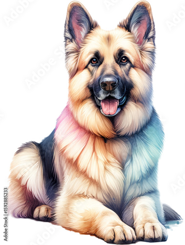 German Shepherd: A beautiful German Shepherd lies gracefully, showcasing a unique color palette.