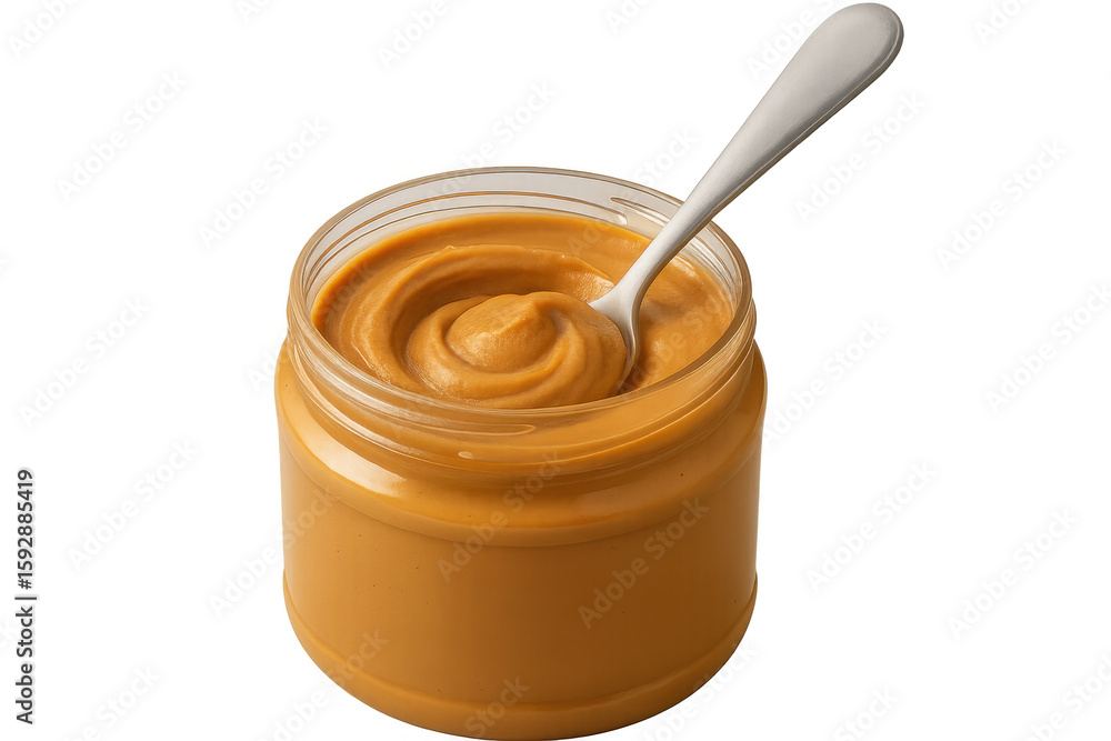 Smooth peanut butter filling wooden spoon, emerging from glass jar against transparent backdrop Smooth peanut butter filling wooden spoon, emerging from glass jar against transparent backdrop
