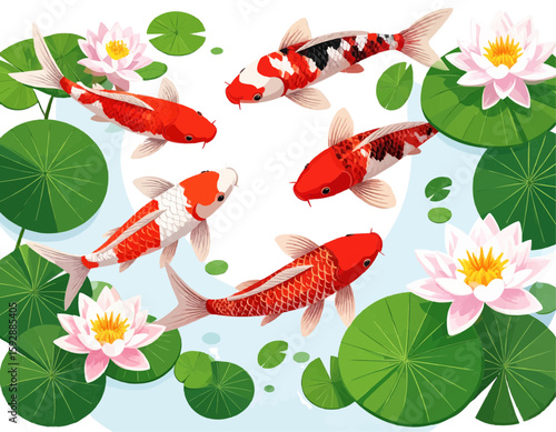 Illustration of five koi fish swimming among lily pads and water lilies in a pond setting