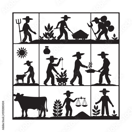 Farm Farmer Worker Work Farming Countryside Village Agriculture Cow Cattle Stick Figure Poor Icon vectors