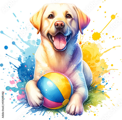 Playful pup and beach ball : A charming illustration of a Labrador retriever, happily holding a vibrant beach ball, exuding joy amidst colorful paint splatters.