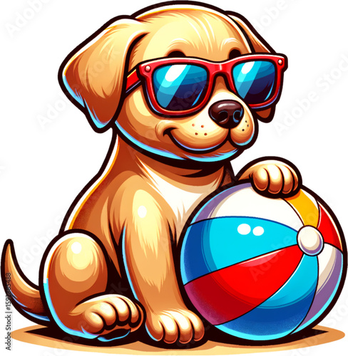 Sunny Pup's Day at the Beach: A cheerful pup in sunglasses, clutching a beach ball, embodies the carefree essence of a sunny day.