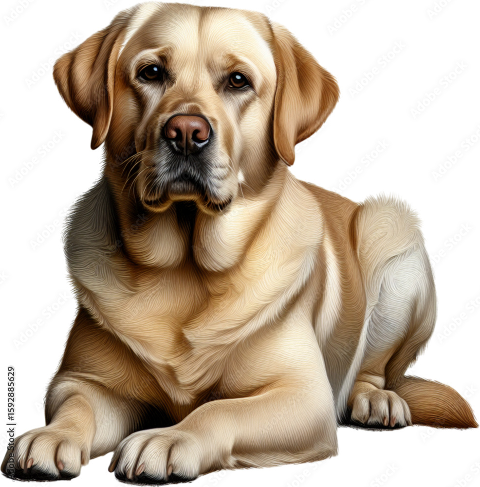 Obraz premium Golden Labrador Retriever Portrait: A majestic, golden Labrador retriever rests serenely, showcasing its endearing features and loyal demeanor in a captivating portrait. 
