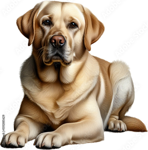 Golden Labrador Retriever Portrait: A majestic, golden Labrador retriever rests serenely, showcasing its endearing features and loyal demeanor in a captivating portrait. 