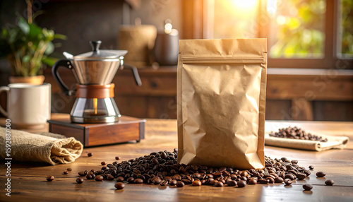 Kraft paper coffee bag mockup on a wooden table with a grinder and roasted beans, for artisanal coffee branding