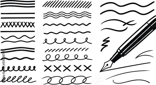 Collection of hand drawn black ink lines wavy scribbles and fountain pen nib on white background vector