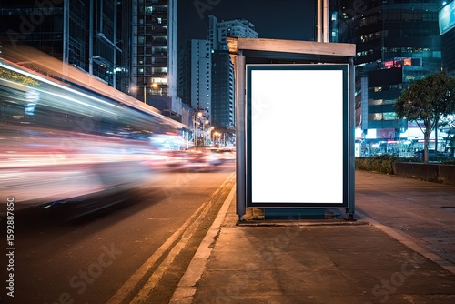 City night bus stop blank billboard