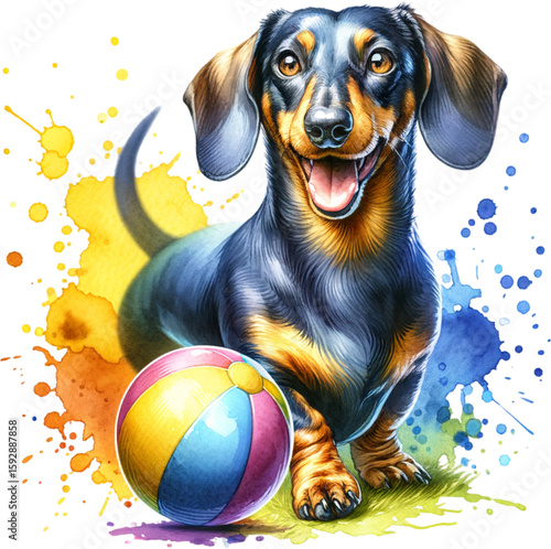 Playful Dachshund Pup: A charming and happy dachshund pup is joyfully posing with a vibrant ball on a colorful background, showcasing its playful spirit and endearing features.