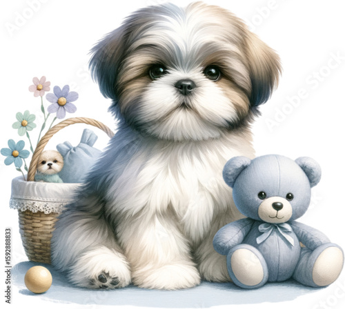 Cute Puppy with Toy: A delightful illustration features a fluffy puppy seated beside a cuddly teddy bear, evoking warmth and playfulness, a charming composition of childhood.