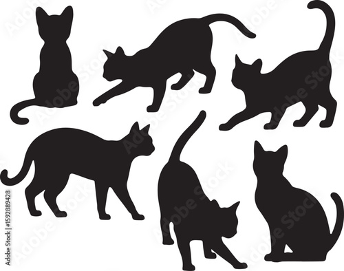 Set of black cat silhouette vector illustrations in various poses