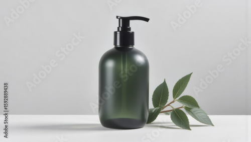 Green Glass Soap Dispenser with Leaves on White Background | Minimalist Bathroom Decor