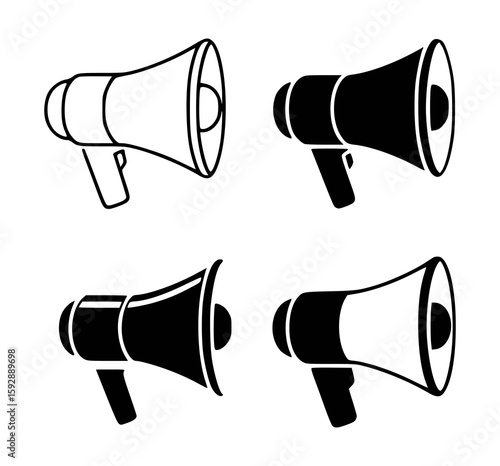 Four megaphone icons black and white bullhorn announcement