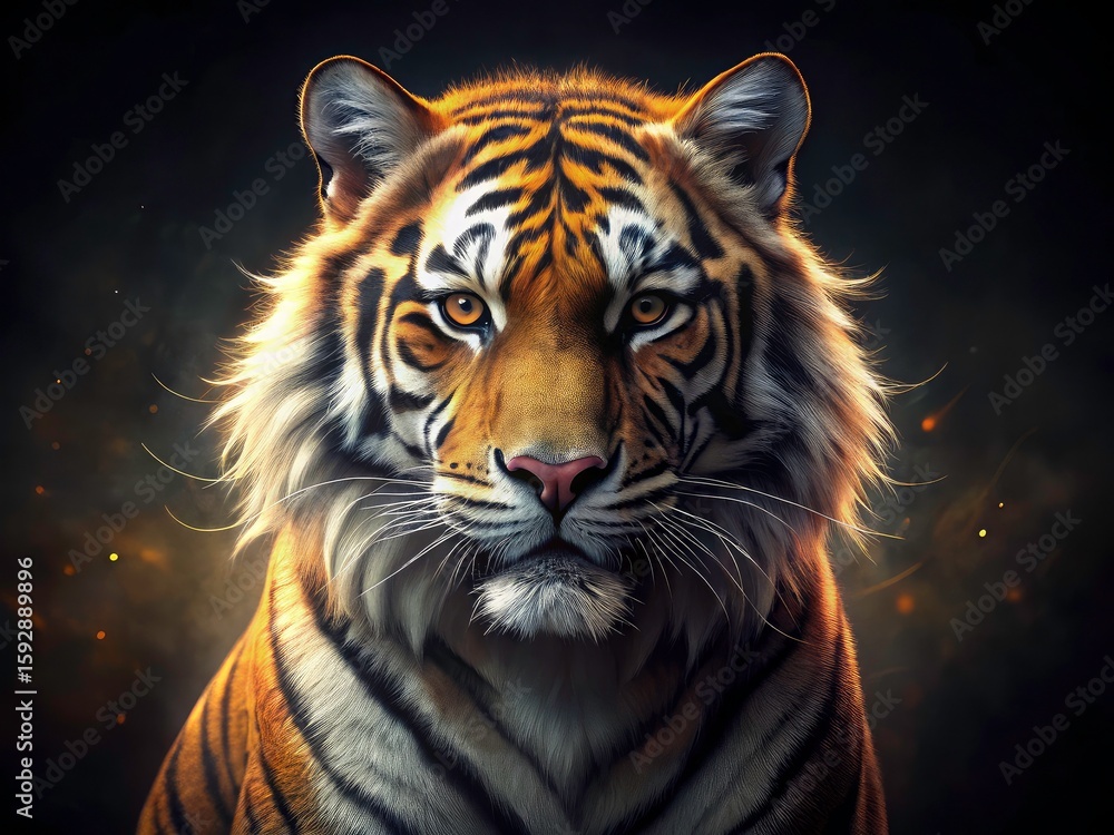 Naklejka premium Majestic Tiger Drone Portrait: Golden Stripes, Intense Gaze, Dark Background