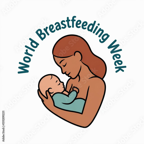 Logo for world breastfeeding week. Mother breastfeeding a baby. Vector illustration  isolated on  white a background,  Logo with a text for world breastfeeding week.
