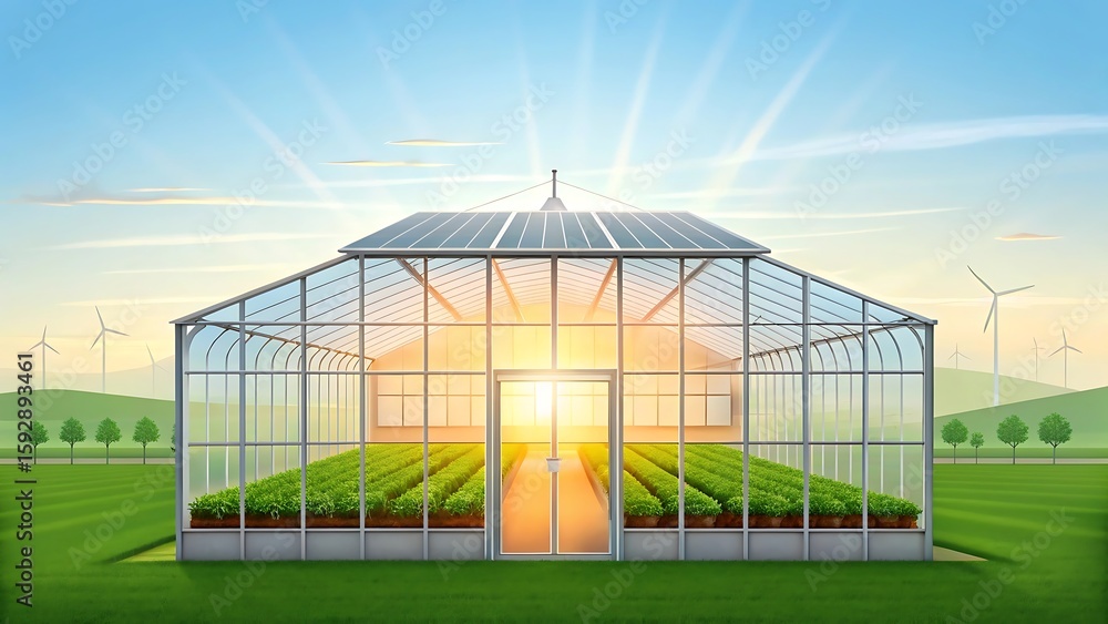 Naklejka premium Modern greenhouse with rows of plants bathed in warm sunlight and wind turbines in the background
