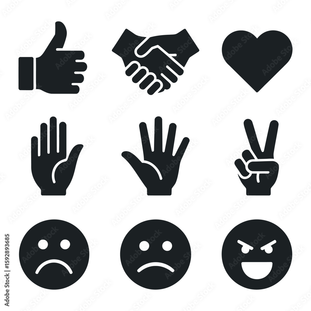 Fototapeta premium Hand Gesture Icons A Collection of Symbolic Hand Signals Representing Thumbs Up Handshake Heart Palm Peace Sadness and Anger for Communication and Expression