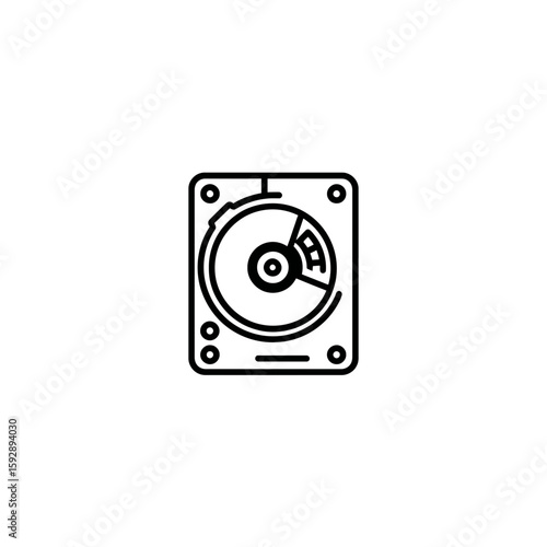 Harddrive outline spins data storage inside computing device schematic black and white
