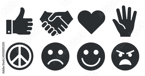 Versatile Vector Icon Set Featuring Thumbs Up, Handshake, Heart, Hand, Peace Symbol, Sad Face, Happy Face, and Angry Face for Diverse Design Applications