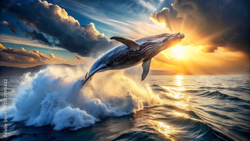 Obraz premium A majestic humpback whale breaches the ocean waves at sunset