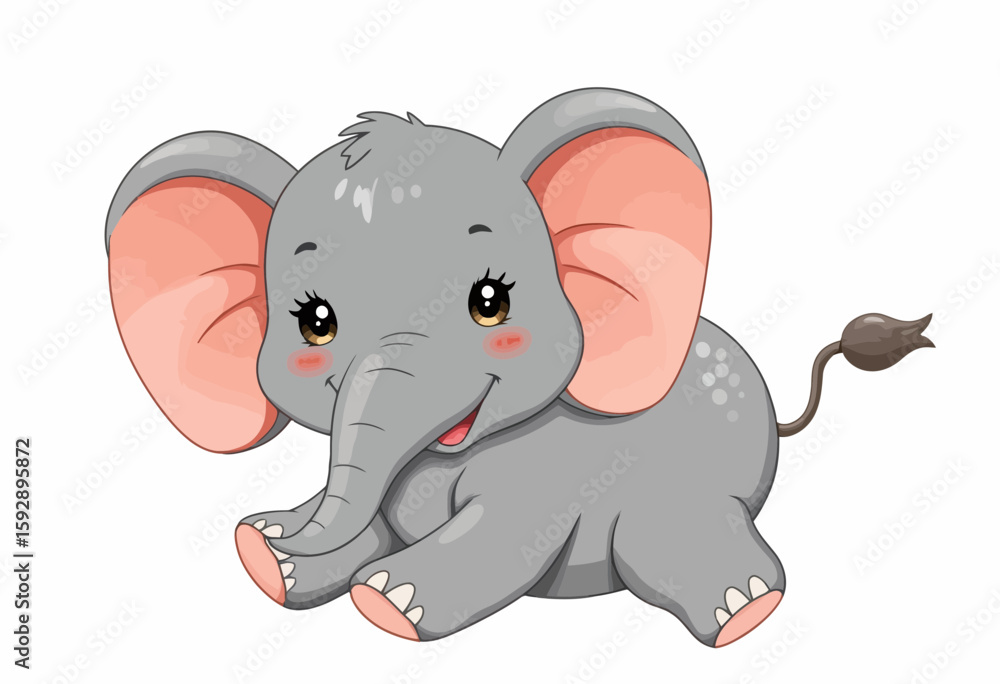 Fototapeta premium Cute cartoon elephant smiling while sitting on white background 