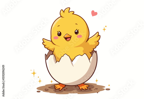 Cute yellow chick hatching from egg with joyful expression  
