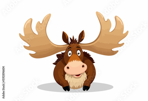 Cartoon moose with large antlers smiling on white background  