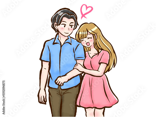 仲良く腕を組んでデートする男女のカップルのイラスト素材3