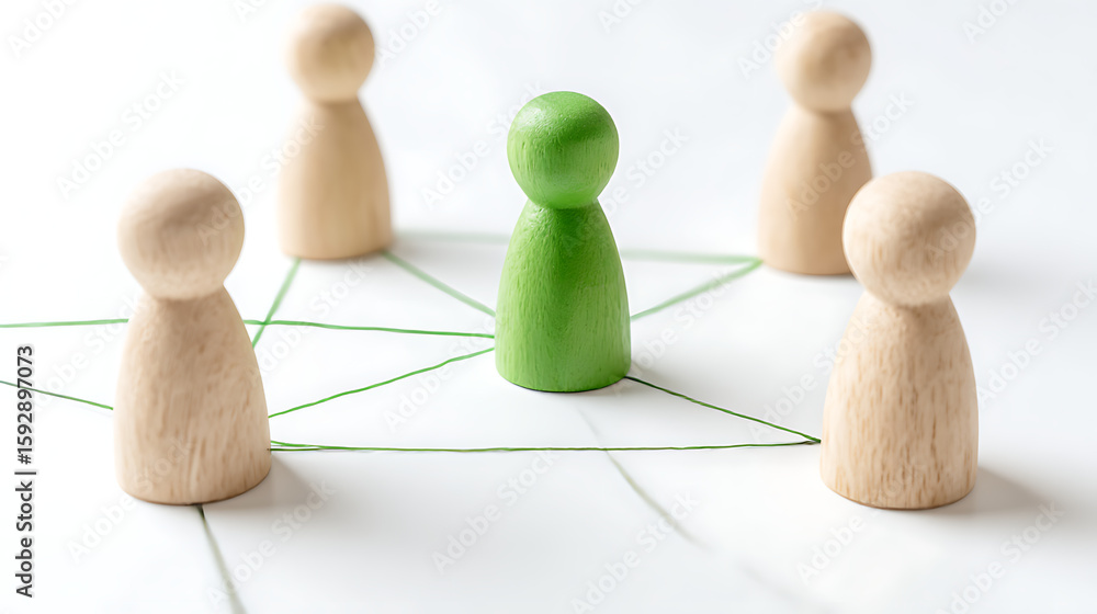 Obraz premium Wooden figures connected by green lines connection network