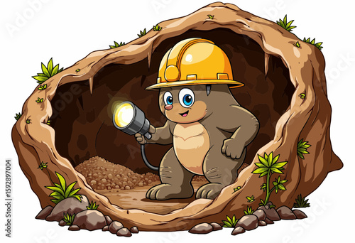 Cartoon mole wearing a helmet and holding a flashlight in a burrow  
