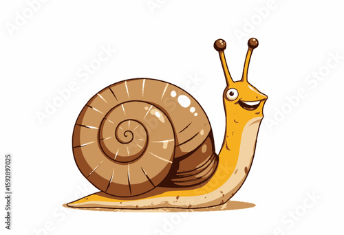 Cartoon snail smiling with spiral shell on white background  