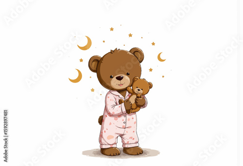 Cute teddy bear wearing pajamas and holding a small teddy bear  