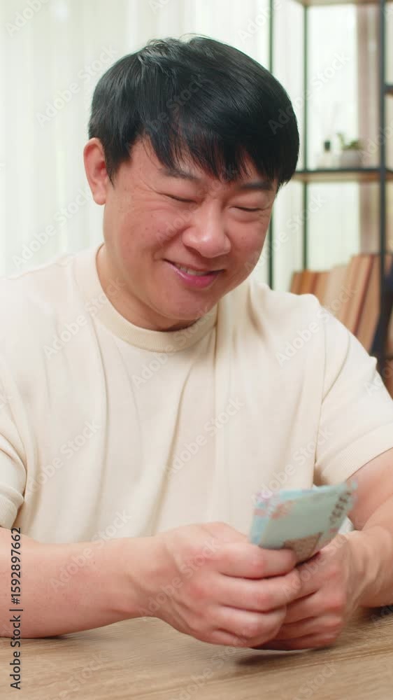 Asian man counting UAH Ukrainian hryvnia money cash bills happily proud of earnings, feeling rewarded. Chinese guy smiles broadly stacking currency neatly, celebrating big new financial gain achieved. Asian man counting UAH Ukrainian hryvnia money cash bills happily proud of earnings, feeling rewarded. Chinese guy smiles broadly stacking currency neatly, celebrating big new financial gain achieved.