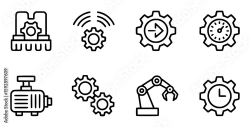Industrial machine icons with gears and robotic arm automation