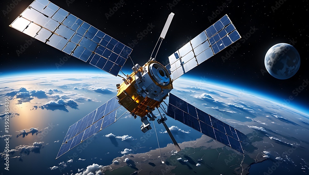 Obraz premium Advanced Communication Satellite Orbits Earth Providing Global Network Connectivity and Data Transmission
