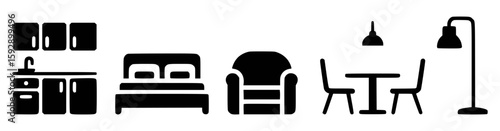 Kitchen bed armchair table chairs pendant floor lamp sink cabinets