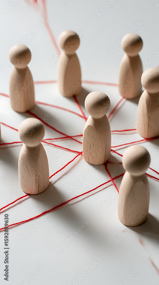 Obraz premium Wooden figures connected by red thread peg people connection