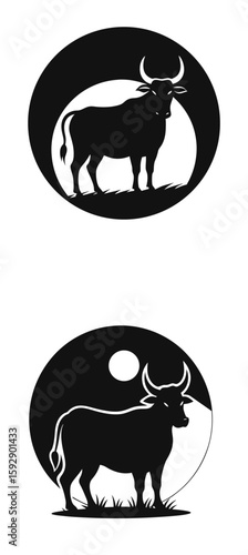 black and white set of moon and cow silhouette vector on white