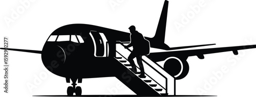 Silhouette passenger boarding airplane steps travel preparation Vector Illustrator