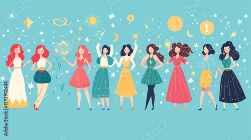 Women with Zodiac Signs Flat Vector