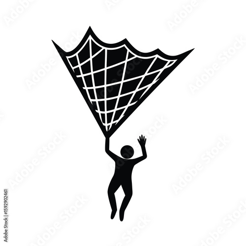 Silhouette of Person Falling with a Net Parachute