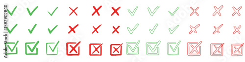 Hand Drawn Check Mark and X-Mark Set: Yes/No, Correct/Incorrect Symbols for Checklists