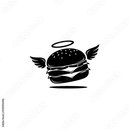 A cartoon burger with a halo giving two thumbs up in a black and white vector illustration style