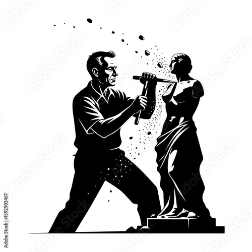 A sculptor chiseling a statue with a hammer and chisel in a black and white vector illustration