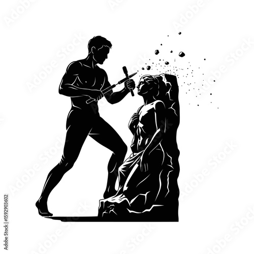 A sculptor chiseling a statue from stone in black and white vector graphic illustration design art