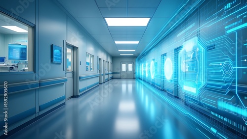 Futuristic Hospital Corridor with Advanced Digital Technology and Neon Glow