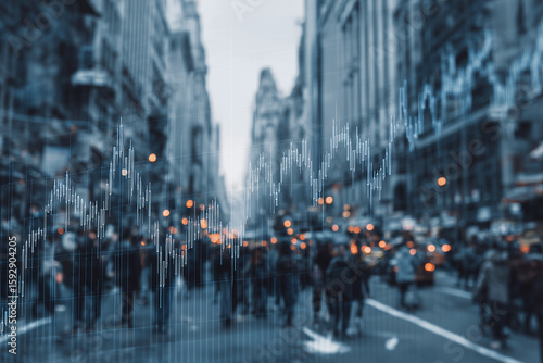 Wallpaper Mural A city street with a lot of people and a graph of stock prices Torontodigital.ca